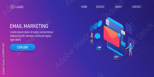 Email marketing, message alert on mobile phone screen, engaging audience, digital newsletter, 3d isometric design concept. 