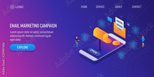 Email marketing, mobile marketing campaign, newsletter notification on smartphone, audience engagement 3d isometric concept.