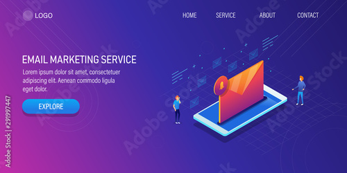 Email marketing service, mobile email notification, messgae alert on smartphone, 3d isometric concept, web banner template.