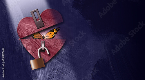 Graphic abstract butterfly emerging from unlocked heart background