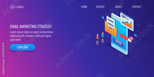 Mobile email marketing, digital strategy, newsletter promotion, audience engagement, subscription concept. 3d isometric design, web banner template.