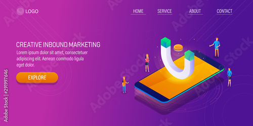 Digital inbound marketing, magnet on mobile phone screen, business lead generation, customer attraction concept. 3d isometric web banner template.