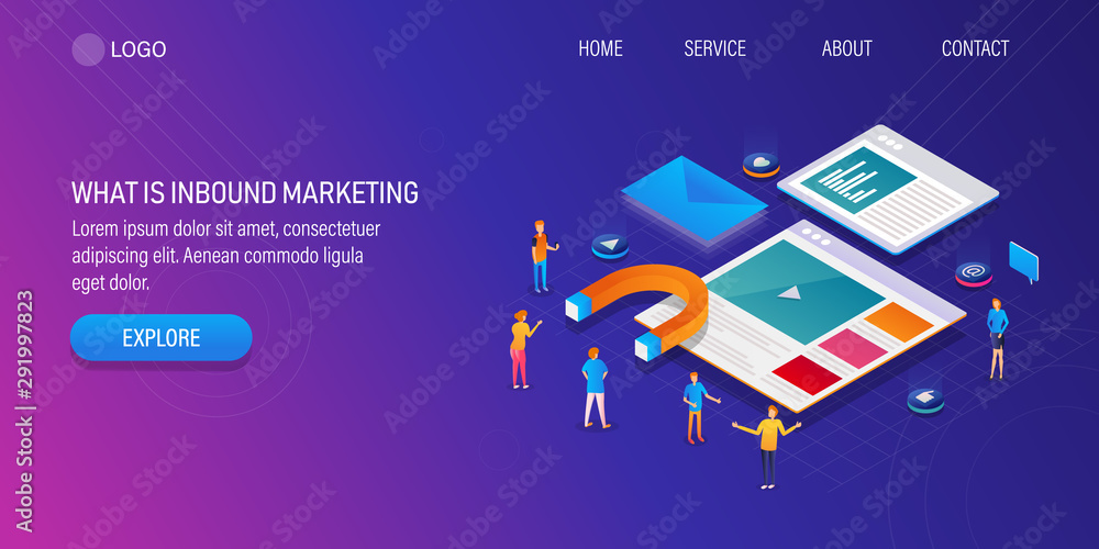 What is inbound marketing, digital marketing strategy, attracting new customers 3d isometric concept. Web template header banner with character.