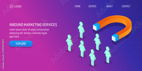 Inbound marketing service, big magnet attracting new customer, lead generation 3d isometric concept. Web banner header banner template.