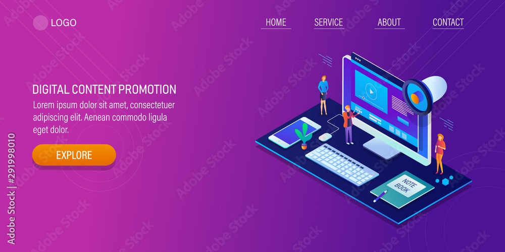 Digital marketing team promoting content online, 3d isometric concept of digital content promotion. Web banner template with character and icons.