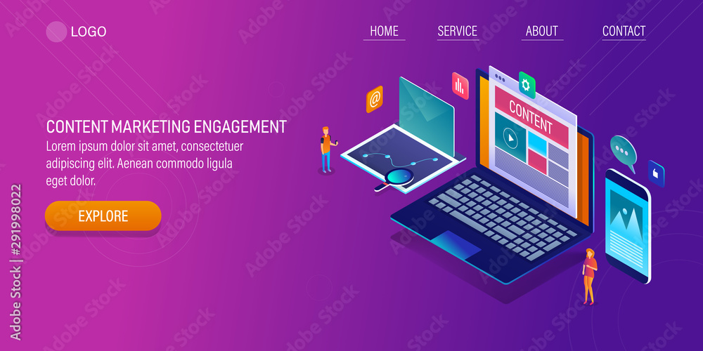 Content publication and marketing, engaging online audience through digital content, inbound marketing strategy, 3d isometric concept. Web banner template with character and icons.