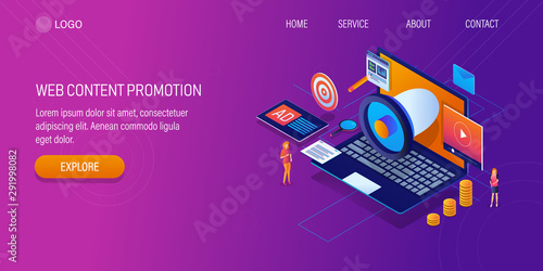 Content promotion, digital branding, targeting audience via seo, search advertising, social media, 3d isometric concept. Web banner template.