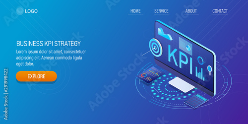Marketing strategy, optimization, data analysis, kpi metrics - Business analytic, key performance indicator concept. 3d isometric web banner template.