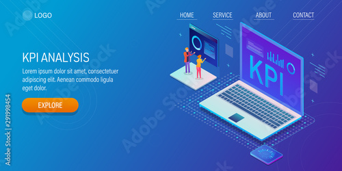 Marketing team measuring business data, analysis of key performance indicator metrics, 3d isometric design concept with character. Web banner template.