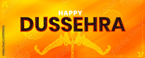 illustration of bow and arrow in Happy Dussehra festival of India background with typography Dussehra text .