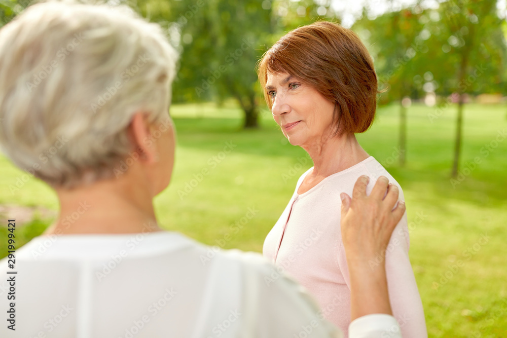 old age, retirement and people concept - two senior women or friends talking at summer park old age, retirement and people concept - two senior women or friends talking at summer park