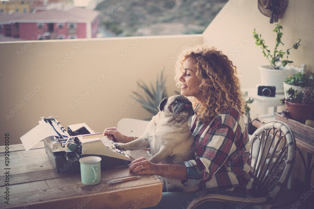 Φωτογραφία cute couple of best friends together - woman with pug sitting on her legs, old j