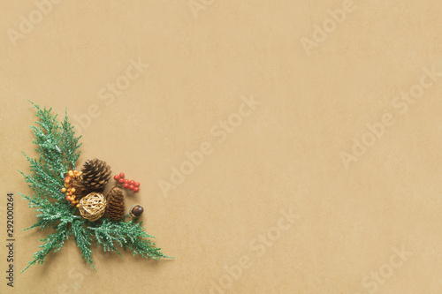 Christmas decorations on wood background with copy space. Flat lay, top view photo