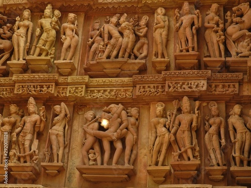 Erotic sculptures and sex poses of man in kajuraho temples, Madhya Pradesh, India. Built around 1050, it is a UNESCO world heritage site, a tourist destination. The concept of textures and postcards.