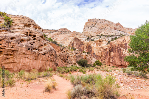 Red rock formations landscape view near grand wash parking area in summer in Capitol Reef National Monument in Utah