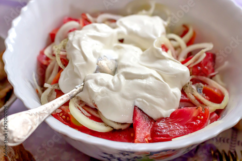 Salad - tomatoes, onions, sour cream.