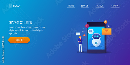 Chatbot, communication technology, automation, man interacting with chatbot, digital assistant concept. Web banner template.
