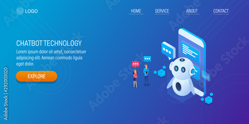 People interacting with chatbot, 3d isometric design concept of chatbot technology, web banner template.