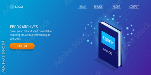3d isometric design concept of ebook, digital library, online archive. Web banner template.