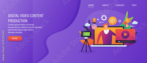 Video marketing campaign, web promotion, digital content, webinar, social media video, vlog concept with character. Web banner, template, presentation.