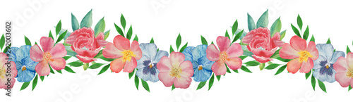  Vintage border with watercolor pansy on white background. Hand drawn illustration. Bouquet. Set with pink and blue flowers.  Horizontal seamless pattern