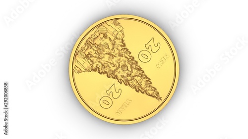 3D rendering of a Golden jubilee coin with a symbol of the new year, a Golden Christmas tree with gifts. 3D illustration of the idea of 2020 new year, a symbol of development, happiness and wealth