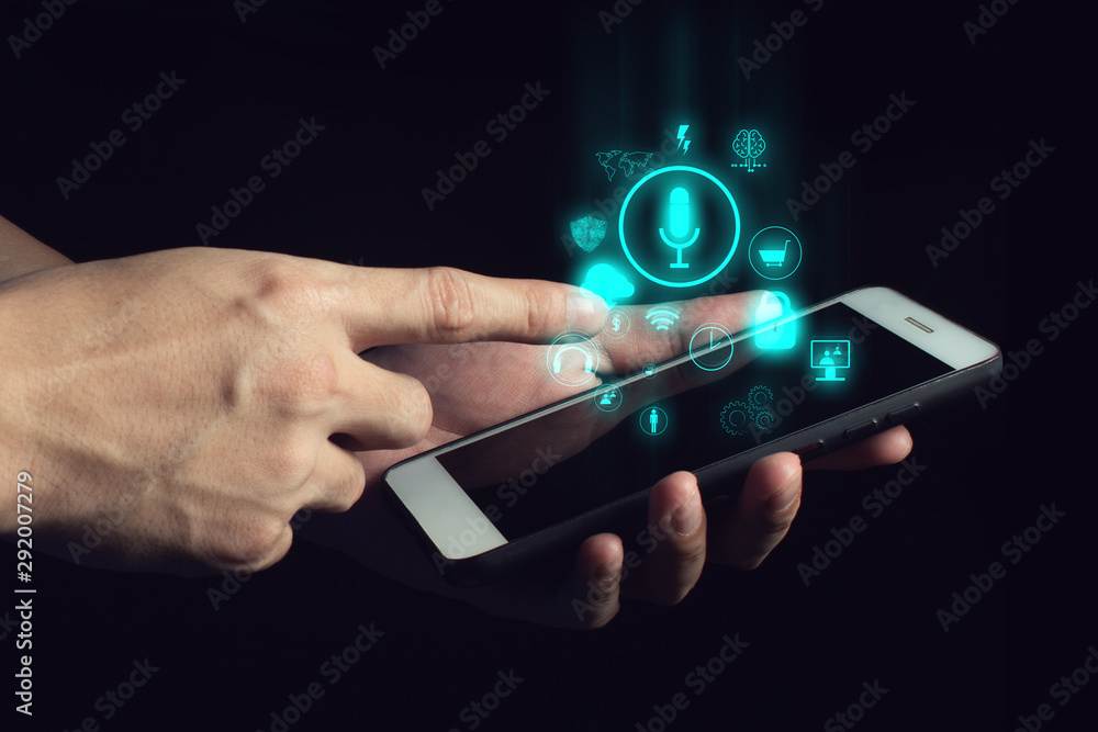 businessman hand finger touch on screen smartphone device for connecting to social network internet digital with data safety security cloud storage ai