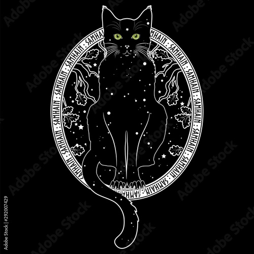 Stampa su tela Black cat with green eyes on the background of the night starry sky and autumn oak branches