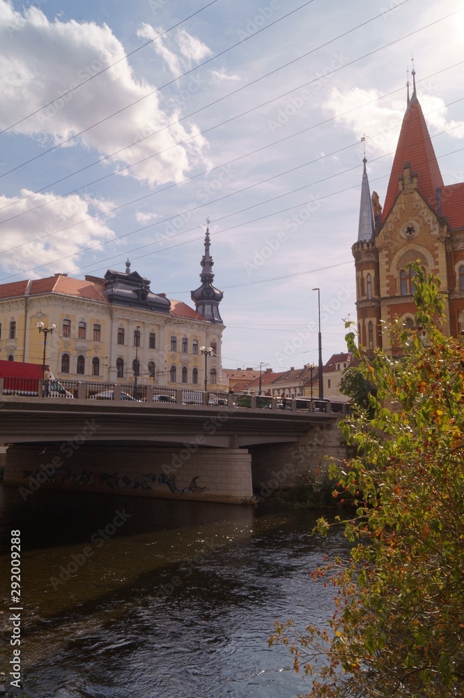 Naklejka premium Houses built on the waterfront - Cluj Napoca, Kolozsvár, Klausenburg, Transylvania, Romania