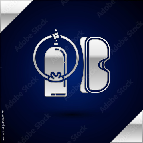 Silver Diving mask and aqualung icon isolated on dark blue background. Oxygen tank for diver. Extreme sport. Sport equipment. Vector Illustration