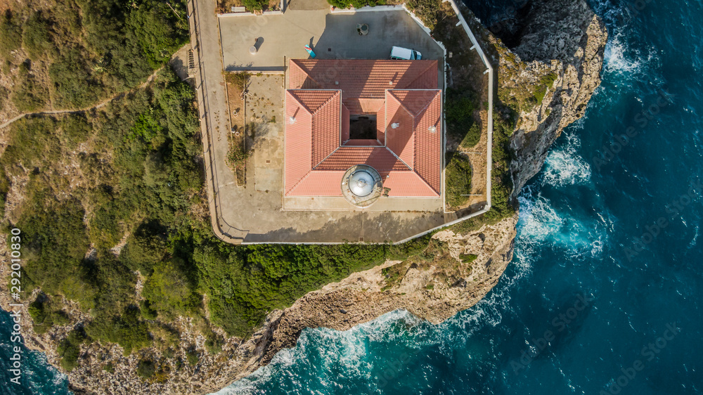 Aerial view Lighthouse of Portocolom, Majorca island, Mediterranean Sea, Spain.