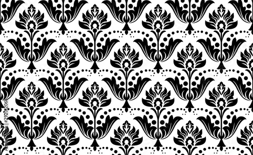 Wallpaper in the style of Baroque. Seamless vector background. White and black floral ornament. Graphic pattern for fabric, wallpaper, packaging. Ornate Damask flower ornament