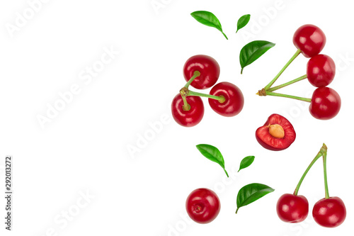 Some cherries with leaf closeup isolated on white background. With copy space for your text. Top view. Flat lay