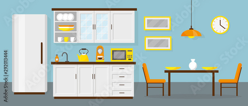 Kitchen and dining area in the office or home. Interior vector illustration.