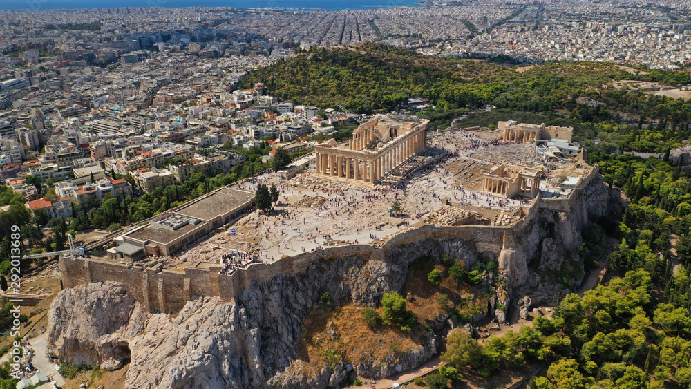 Aerial drone panoramic photo of iconic Acropolis hill featuring masterpiece of Ancient times the Parthenon, Athens historic centre, Attica, Greece