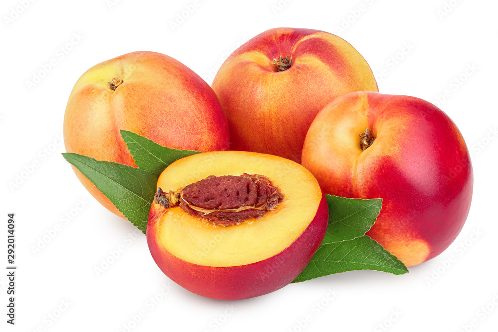 Nectarine fruit and half with leaf isolated on white background cutout Nectarine fruit and half with leaf isolated on white background cutout