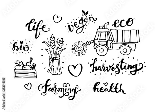 Harvesting related typography set. Quotes about organic eco vegan food.  Farmin, Vegan, Eco, Life, Health, Bio words. Harvest Tractor Combine. 