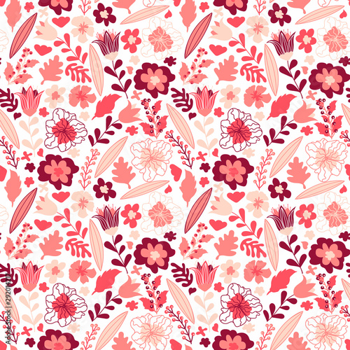Pink seamless pattern with flowers, berries and leaves. Cute floral texture. Great for fabric, textile 