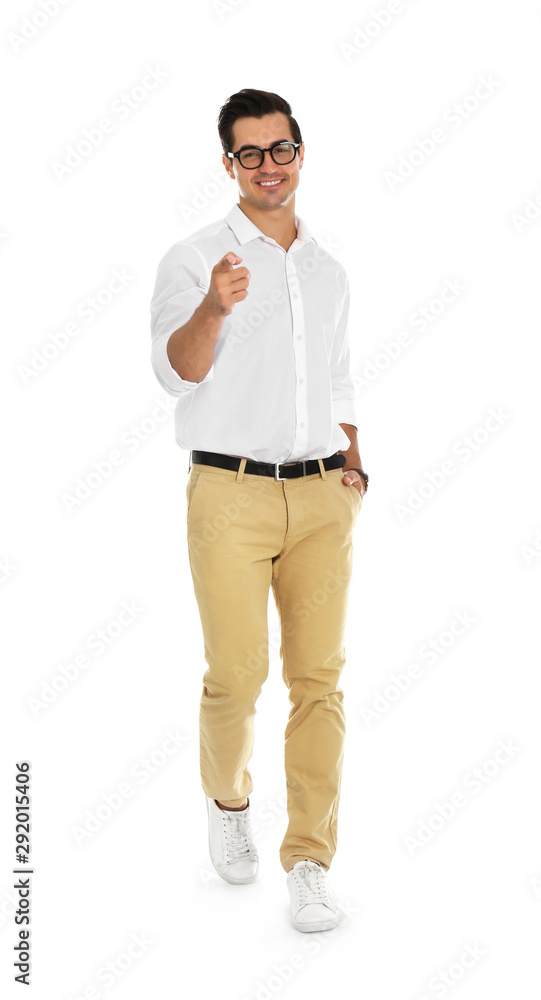 Professional business trainer pointing on something, white background Professional business trainer pointing on something, white background