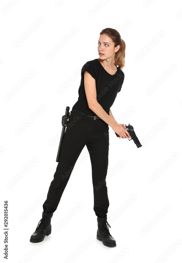 Female security guard in uniform with gun on white background Female security guard in uniform with gun on white background