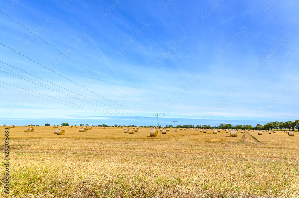Harvested cornfield with straw bales under a bright blue sky. In the background runs an electrical power line.