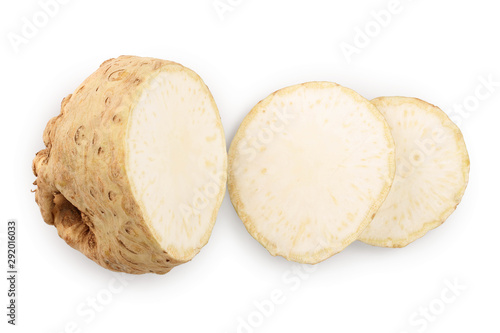 Fresh slice celery root isolated on white background. Top view. Flat lay.