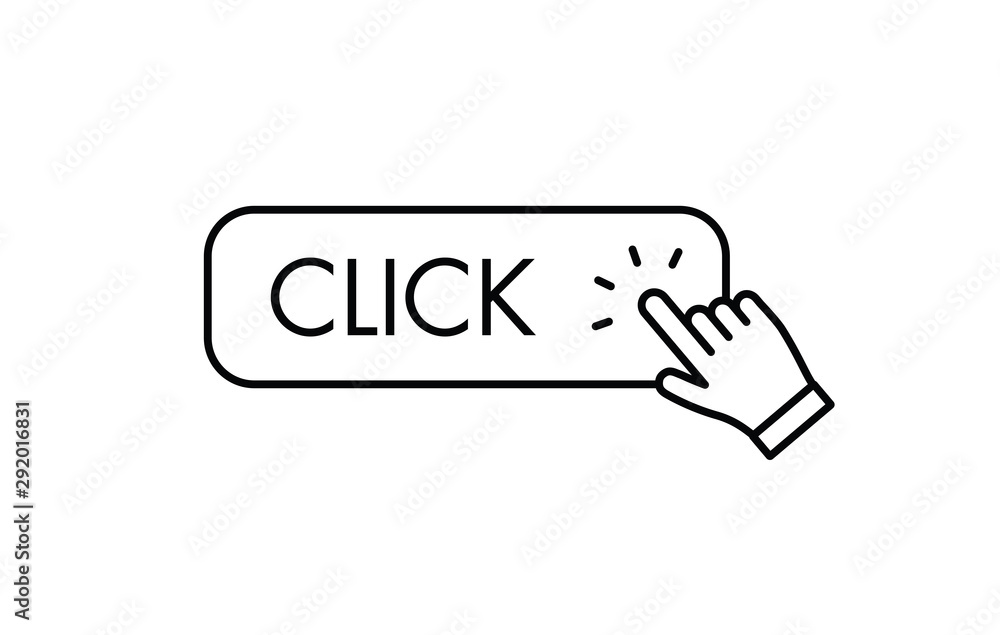 Click here button with hand clicking icon. Click here button with hand clicking icon.
