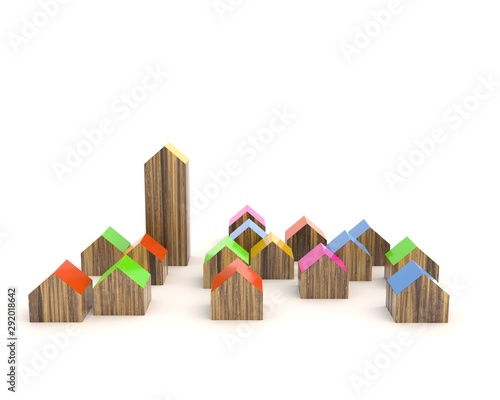 Small houses with colorful roofs, isolated on white. 3D rendering