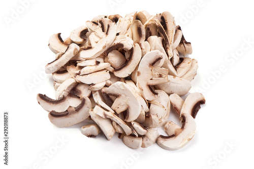 Sliced champignon mushrooms, isolated on white background