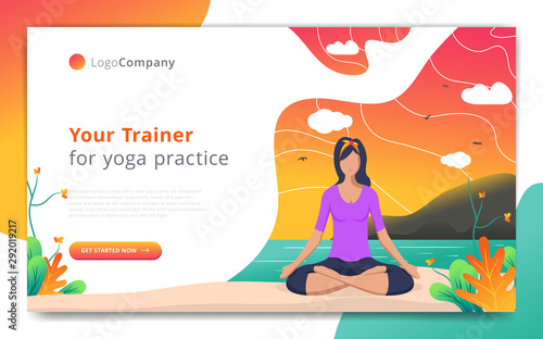 web page template of yoga trainer do exercise in open nature. Easy to edit and customize. Vector illustration. Eps10