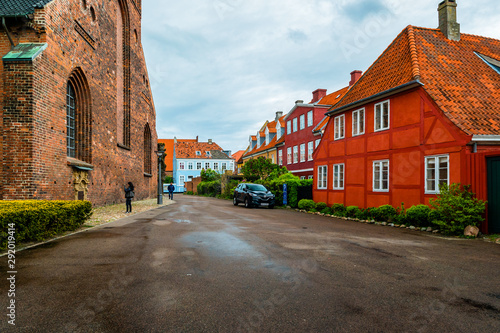 Street view with colorful buildings in Helsingor  Denmark
