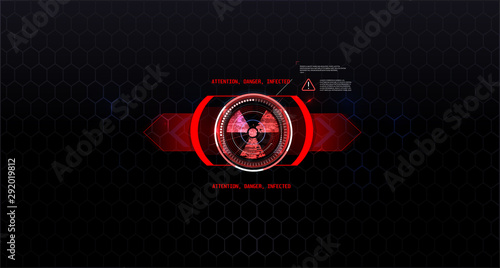 Radiation sign on beautiful background, hud style in red tones. Futuristic Technology HUD Screen. Tactical View Sci-Fi