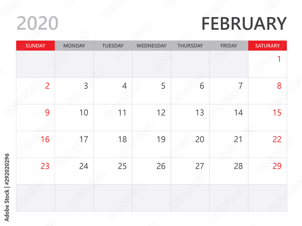 Calendar 2020 template, FEBRUARY 2020 year, corporate design planner template. red background Calendar 2020 template, FEBRUARY 2020 year, corporate design planner template. red background