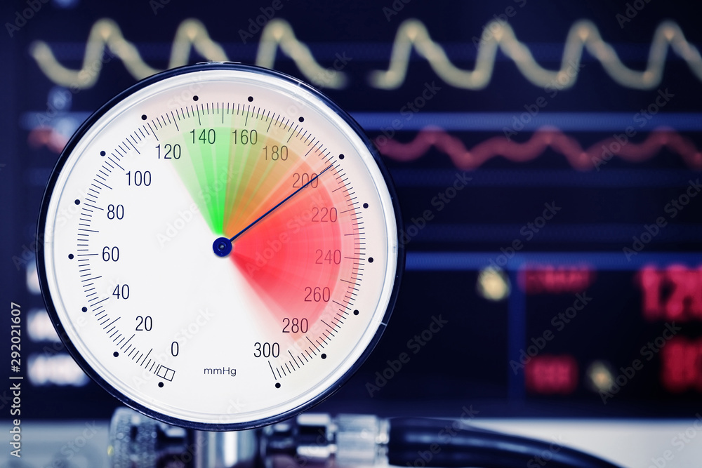 Φωτογραφία Blood pressure dial with arrow in the red danger zone, medical concept of arterial hypertension